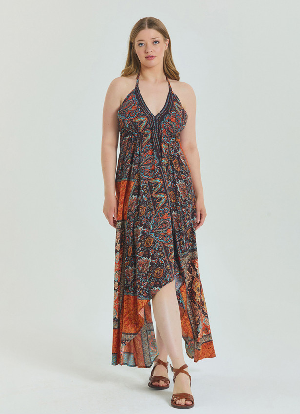 V Neck Backless Halter Neck Coffee Plus Size Dress 4662